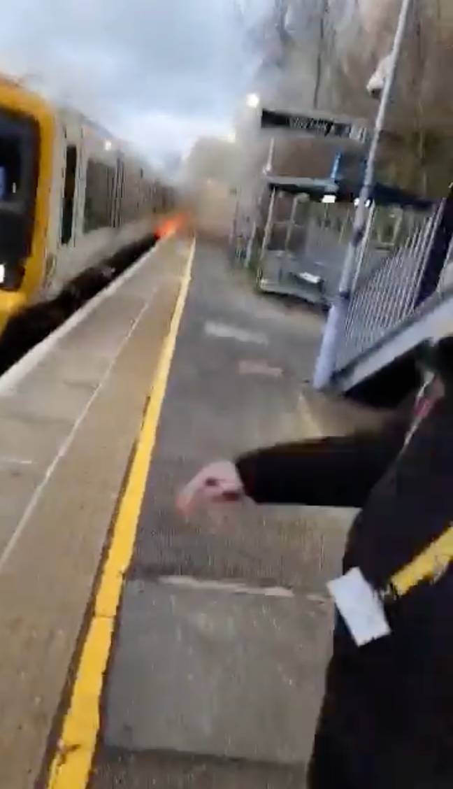 The train pulled into the platform on fire. Credit: Twitter