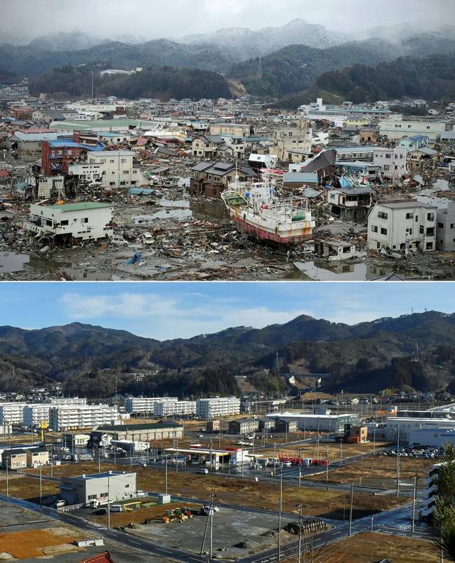 Kesennuma, Miyagi prefecture - directly after the earthquake and ten years on. Credit: PHILIPPE LOPEZ,KAZUHIRO NOGI/AFP via Getty Images