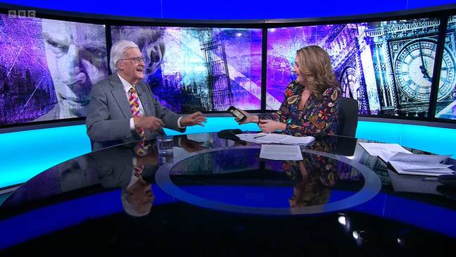 At one point presenter Victoria Derbyshire demanded Lord Baker hand over his phone. Credit: BBC