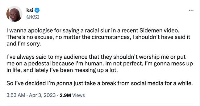 KSI apologises for racial slur. Credit: Twitter/KSI
