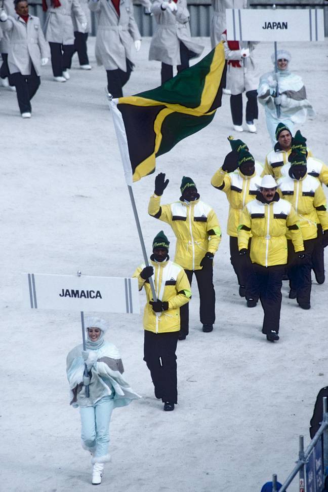 Team Jamaica march at the 1988 Winter Olmypics. Credit: Alamy