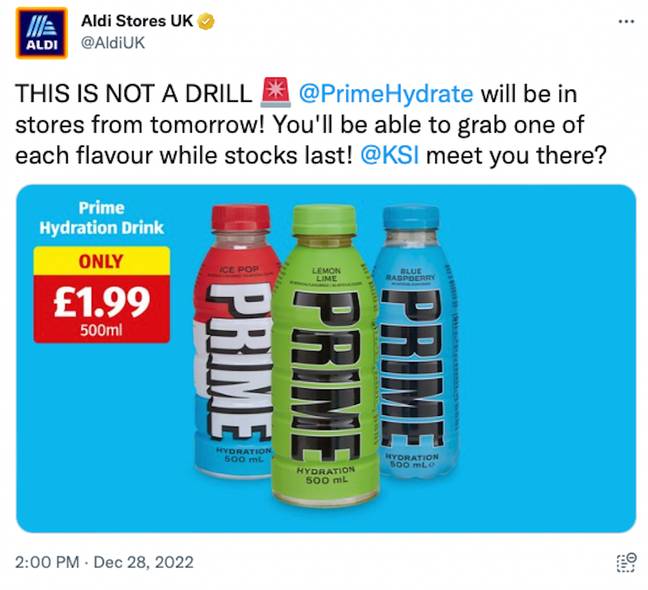 Chaos has ensued since Aldi made the Prime energy drink available in its stores. Credit: Twitter/@AldiUK