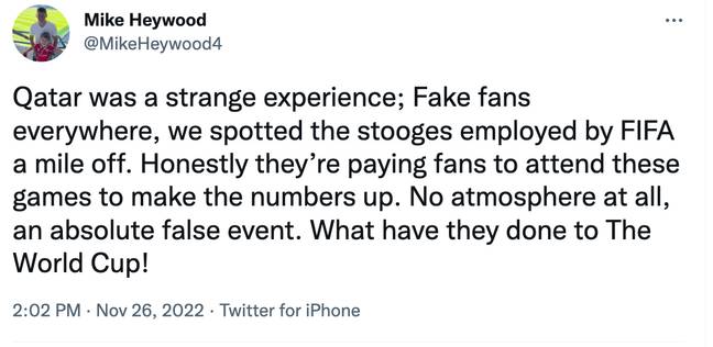 Speculation about fake fans has been rife since the World Cup kicked off. Credit: @MikeHeywood4/Twitter