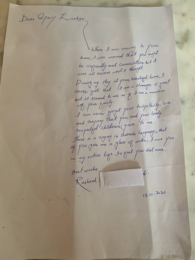 Rasheed Baluch's letter to Gary Lineker and his family. Credit: Twitter/@GaryLineker
