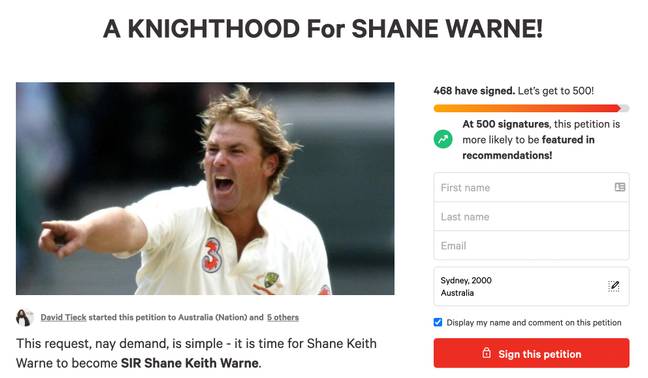 A petition calling for Shane Warne to be awarded a knighthood is now circulating. Credit: Change.org