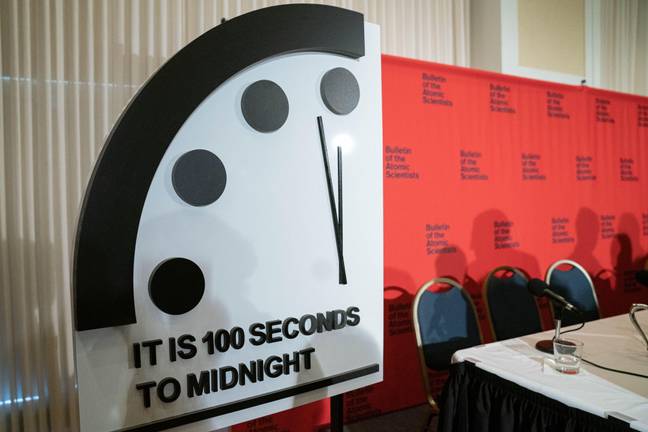 In 2020, the Doomsday Clock was moved to 100 seconds to midnight. Credit: UPI/Alamy Stock Photo