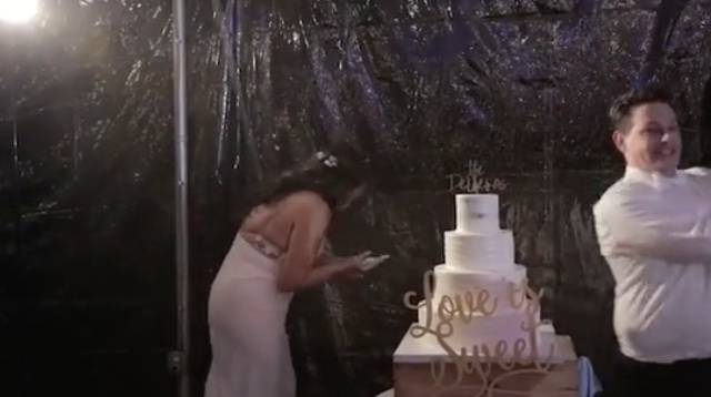 The groom made a swift dash off after smashing the cake into his wife's face. Credit: @mariannabolanos/ TikTok