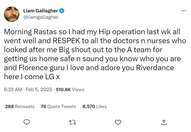 The Oasis star thanked hospital staff for looking after him during his surgery. Credit: Twitter/@Liamgallagher