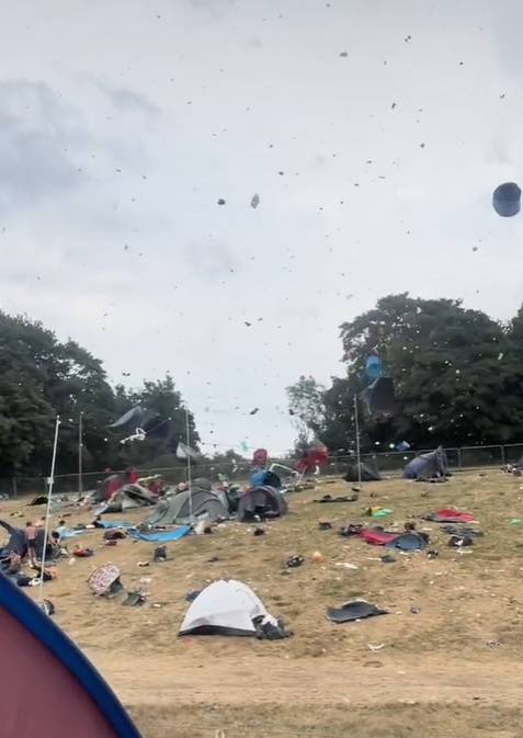 The tornado of tents and rubbish ripped through Boomtown 2022. Credit: TikTok/@emmabaskey