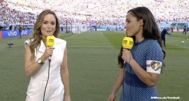 Alex Scott wore a One Love armband on the pitch in Qatar. Credit: BBC 