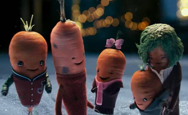 Kevin the Carrot with wife Katie (right) and children Jasper (left), Chantenay (middle) and Baby. Credit: YouTube/AldiUK