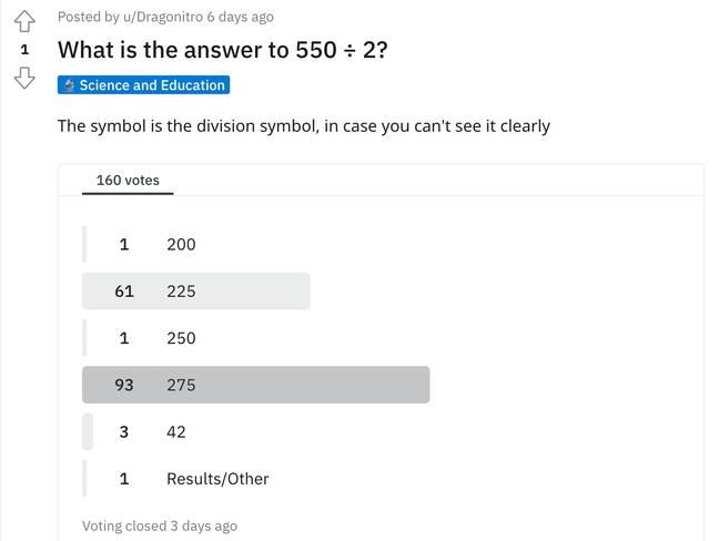 At first glance, people have presumed the answer to 550 divided by two must be 225. Credit: u/Dragonitro/ Reddit