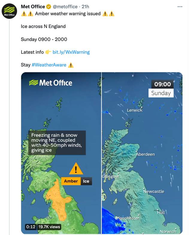 The Met Office have issued an amber weather warning for the north of England. Credit: Twitter