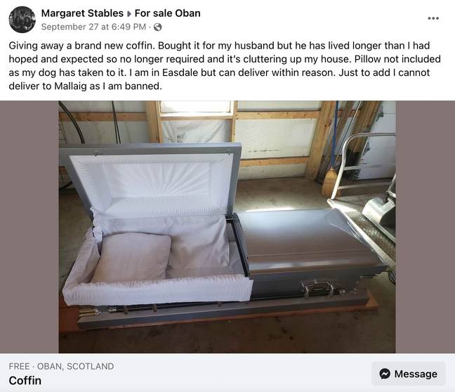 The coffin was being given away for free. Credit: Facebook/Margaret Stables