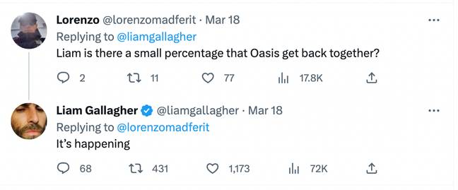 Liam appeared to confirm a reunuion on Twitter last week. Credit: Twitter