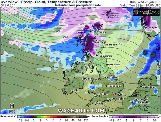 The darker purple areas of the map shows where snow could drop next week. Credit: WXCharts.com