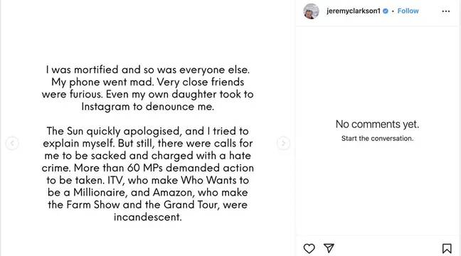 Jeremy Clarkson apologised for his Meghan Markle comment. Credit: @jeremyclarkson1/Instagram