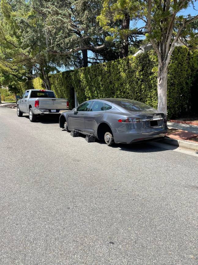 The Tesla parked outside Owen Wilson's home. Credit: Backgrid
