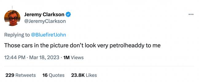 Clarkson said the cars in the farm traffic were not 'petrolheaddy'. Credit: Twitter/@jeremyclarkson
