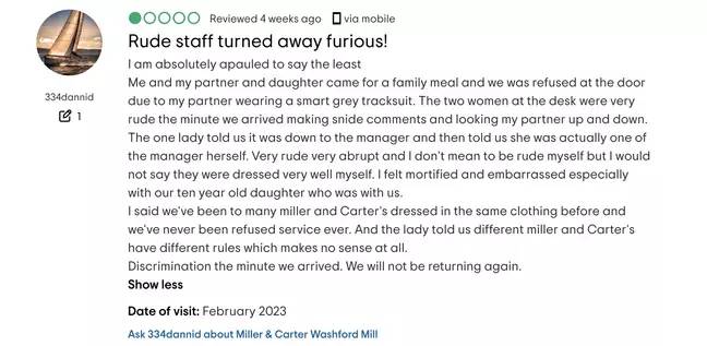 Danni left a one-star review of the restaurant after the incident. Credit: Tripadvisor
