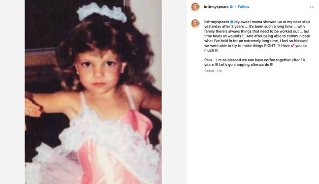 Britney spoke about reconciling with her mum. Credit: @britneyspears/Instagram.