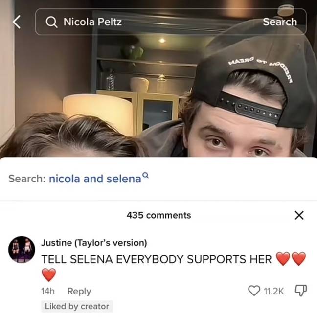 Nicola liked the supportive comment about Selena. Credit: nicolapeltzbeckham/TikTok