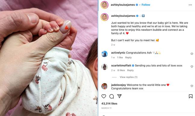 Ashley shared news of her daughter's arrival on Instagram. Credit: Instagram/@ashleylouisejames