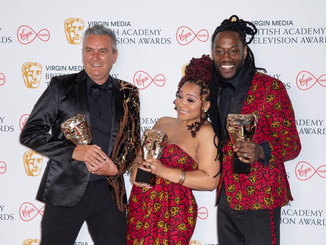 Marcus and Mica showing off a Gogglebox award with co-star Lee Riley. Credit: Gary Mitchell, GMP Media / Alamy Stock Photo
