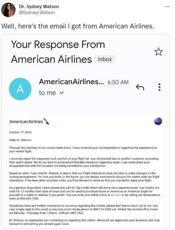The woman shared the airline's response on social media. Credit: Twitter/@SydneyLWatson