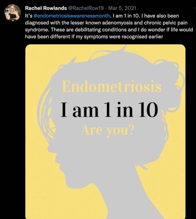 Rowlands has endometriosis and chronic pelvic pain condition. Credit: @RachelRow19/ Twitter