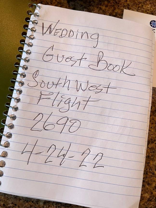 another passenger handed out a notebook for the cabin to sign with their well-wishes and seat numbers as a makeshift guestbook (Southwest Airlines Facebook).