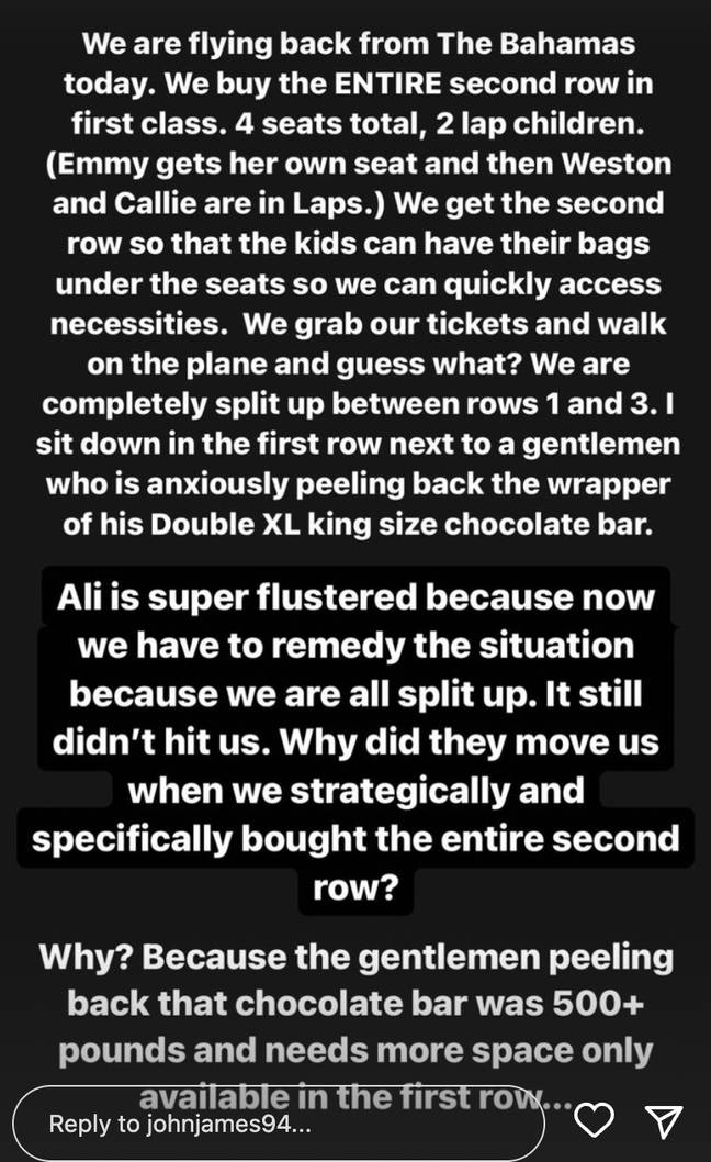 John James took to Instagram to rant about his family being separated on their flight to accommodate an obese man. Credit: Instagram/@johnjames94