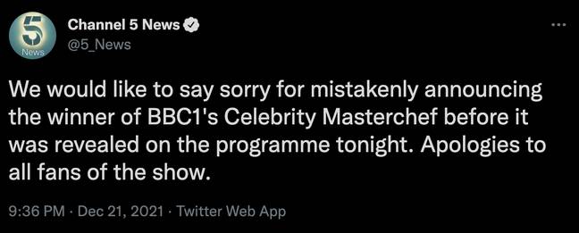 Channel 5 swiftly issued an apology (Credit: Twitter)