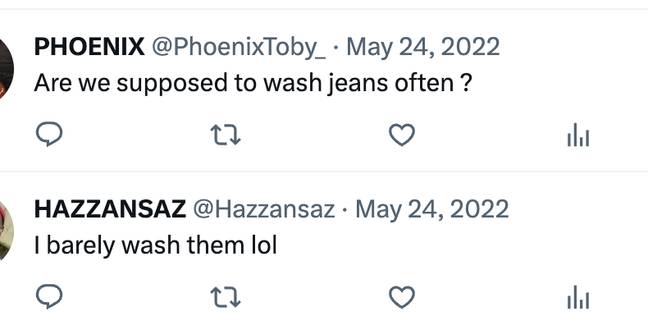 People have very mixed opinions about how often to wash jeans. Credit: Twitter