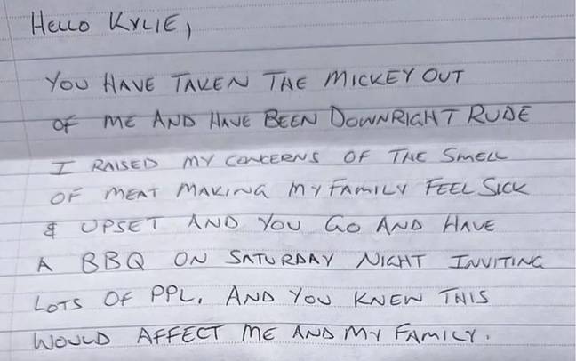 Another letter accused Kylie and her family of 'taking the mickey' with their persistent BBQs. Credit: Facebook/@Hey Perth