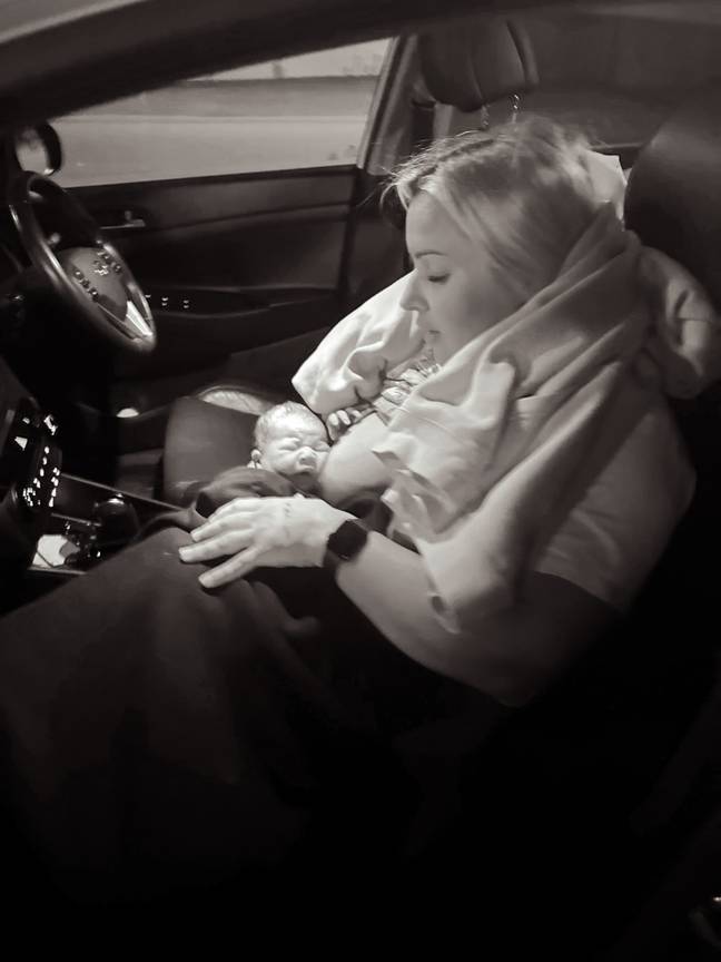 Jade welcomed her baby girl in a car pulled into the side of the road. Credit: Caters Clips