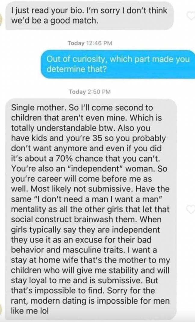 This man didn't hold back when rejecting his Tinder match. Credit: Reddit / Tinder