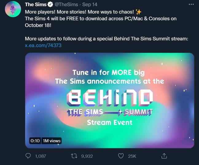 More info about The Sims going free to play will be revealed during a special stream. Credit: Twitter/@TheSims