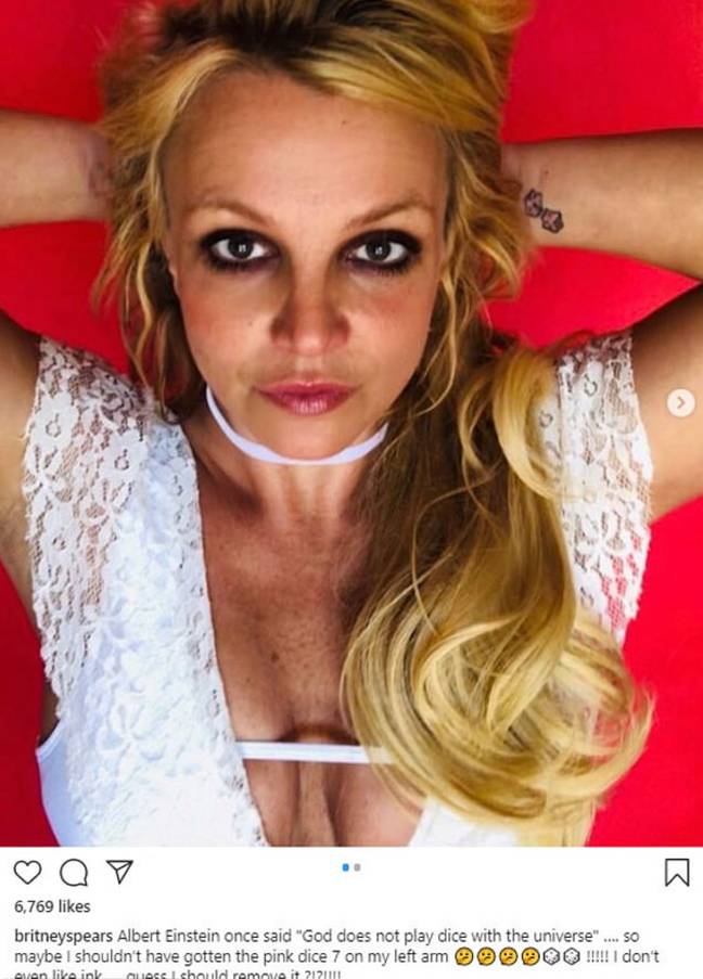Britney pondered removing her dice tattoo three years ago. Credit: @britneyspears/Instagram