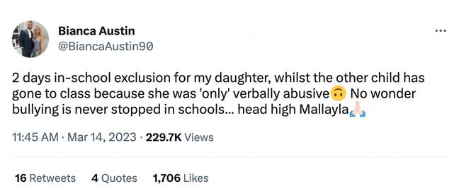 Her daughter received a punishment of two days exclusion. Credit: Twitter/@BiancaAustin90