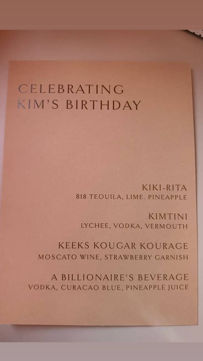They had a bespoke cocktail menu on board. Mine's a Kim-Tini! Credit: Instagram/Kim Kardashian
