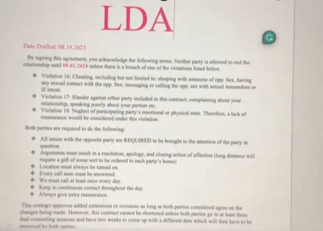 Couple going long distance sign contract laying down relationship rules