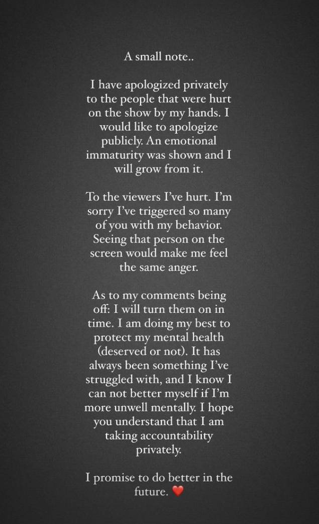 Micah issued a public apology on Instagram. Credit: Instagram/@micah.lussier