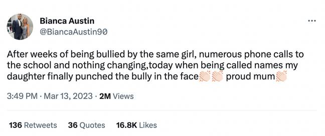 Bianca said she was 'proud' of her daughter for punching the bully in the face. Credit: Twitter/@BiancaAustin90