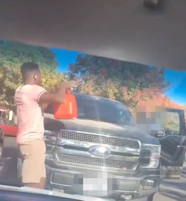 Live streamer pouring 'gasoline' on cars for a prank. Credit: Twitter