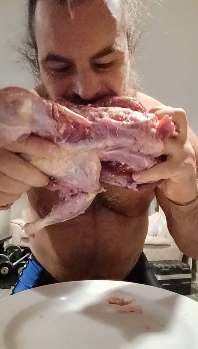 Boban Simic lives off a diet that consists of raw meat, eggs and breast milk. Credit: Kennedy News and Media