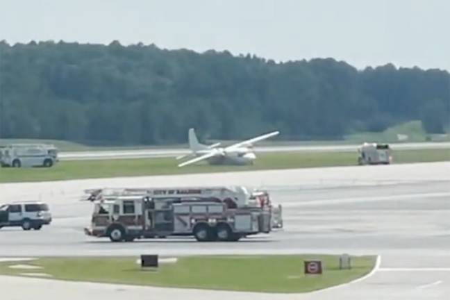The plane after making an emergency landing at Raleigh Durham International Airport. Credit: ABC11/YouTube