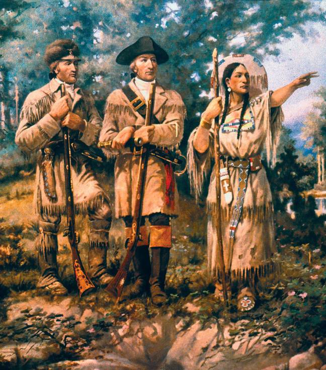 Sacagawea (right) with Lewis and Clark at the Three Forks. Credit: agefotostock / Alamy Stock Photo