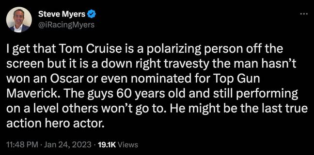 While not nominated in the 'Best Actor' category, Cruise is featured as a producer for the 'Best Picture' nomination. Credit: @iRacingMyers/Twitter