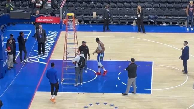The NBA star appeared to ask the workers to move before his tantrum. Credit: @dem389/ Twitter